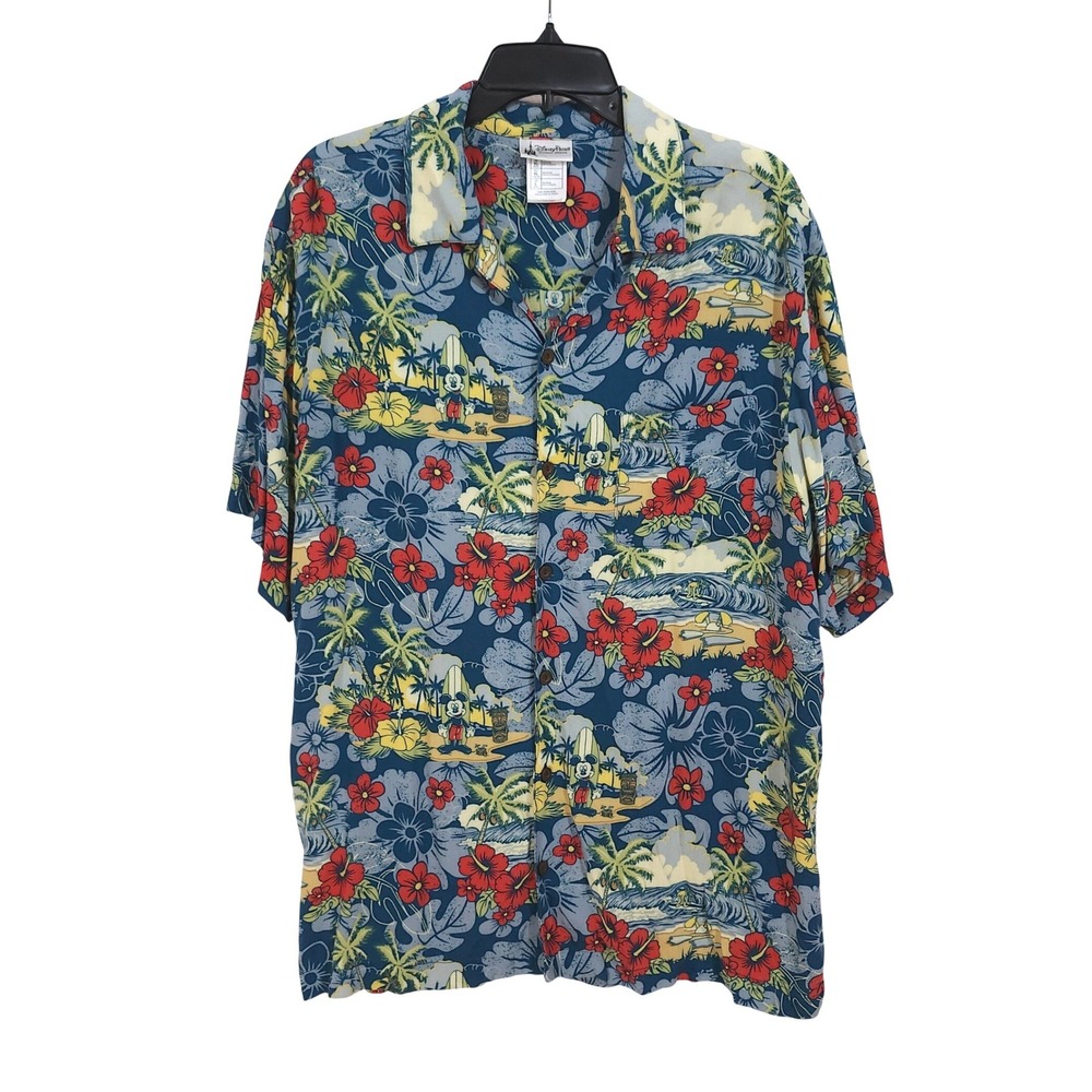 Disney Parks Mickey Mouse Hawaiian Shirt Mens Large Blue Tropical Rayon Floral